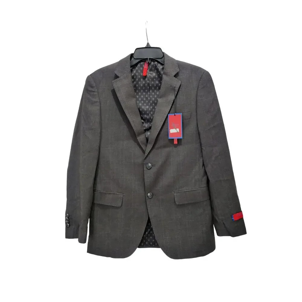 ZNT18 Active‎ Stretch Plaid Blazer Gray Notch Collar Two Button Suit Jacket 36S